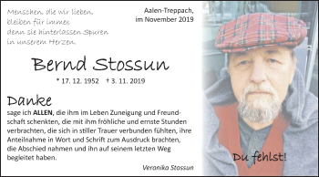 Traueranzeige von Bernd Stossun von Schwäbische Post
