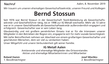 Traueranzeige von Bernd Stossun von Schwäbische Post