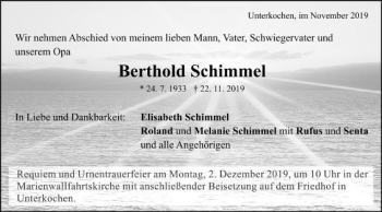 Traueranzeige von Berthold Schimmel von Schwäbische Post