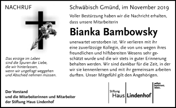Traueranzeige von Bianka Bambowsky von Gmünder Tagespost