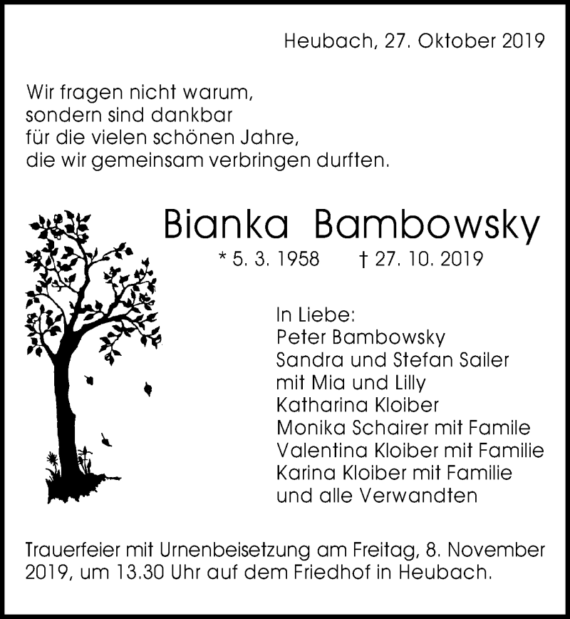  Traueranzeige für Bianka Bambowsky vom 02.11.2019 aus Gmünder Tagespost
