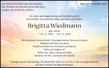 Traueranzeige von Brigitta Wiedmann von Schwäbische Post