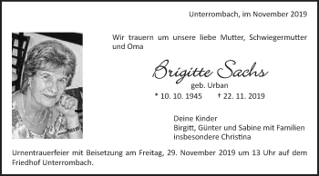 Traueranzeige von Brigitte Sachs von Schwäbische Post
