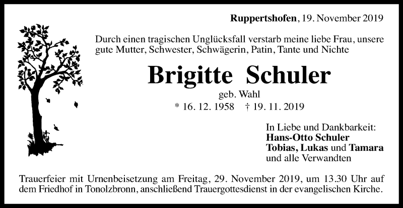  Traueranzeige für Brigitte Schuler vom 22.11.2019 aus Gmünder Tagespost