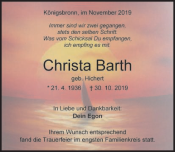 Traueranzeige von Christa Barth von Amtsblatt_Oko