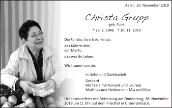 Traueranzeige von Christa Grupp von Schwäbische Post
