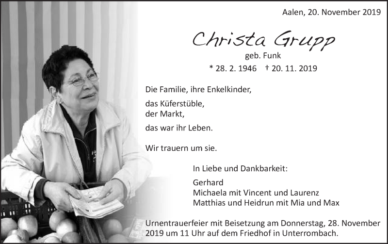  Traueranzeige für Christa Grupp vom 25.11.2019 aus Schwäbische Post