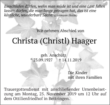 Traueranzeige von Christa Haager von Gmünder Tagespost