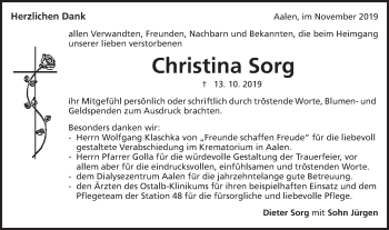 Traueranzeige von Christina Sorg von Schwäbische Post