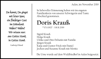 Traueranzeige von Doris Krauß von Schwäbische Post