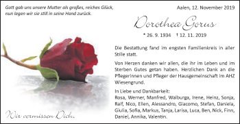 Traueranzeige von Dorothea Gorus von Schwäbische Post