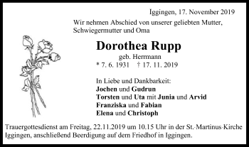 Traueranzeige von Dorothea Rupp von Gmünder Tagespost