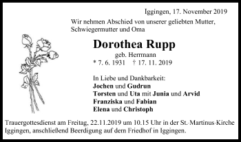 Traueranzeige von Dorothea Rupp