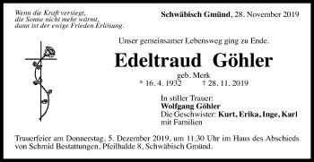 Traueranzeige von Edeltraud Göhler von Gmünder Tagespost