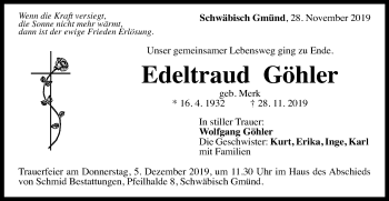 Traueranzeige von Edeltraud Göhler