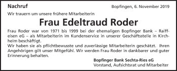 Traueranzeige von Edeltraud Roder von Schwäbische Post