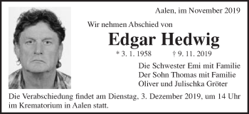 Traueranzeige von Edgar Hedwig von Schwäbische Post