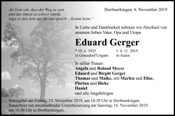 Traueranzeige von Eduard Gerger von Schwäbische Post