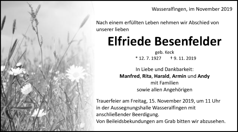  Traueranzeige für Elfriede Besenfelder vom 12.11.2019 aus Schwäbische Post