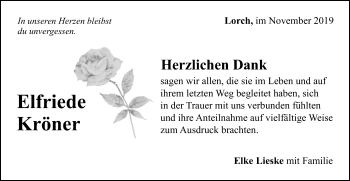 Traueranzeige von Elfriede Kröner von Gmünder Tagespost