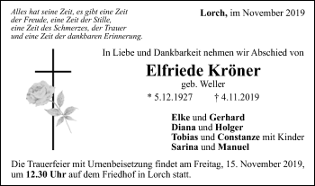 Traueranzeige von Elfriede Kröner von Gmünder Tagespost