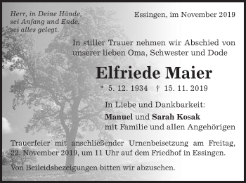 Traueranzeige von Elfriede Maier von Schwäbische Post