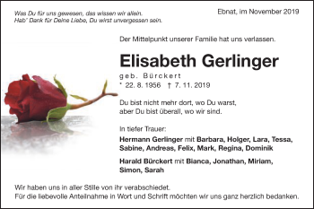 Traueranzeige von Elisabeth Gerlinger von Schwäbische Post