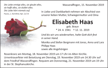 Traueranzeige von Elisabeth Haas von Schwäbische Post
