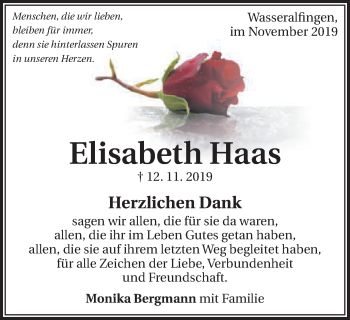 Traueranzeige von Elisabeth Haas von Schwäbische Post