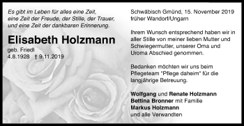 Traueranzeige von Elisabeth Holzmann von Gmünder Tagespost