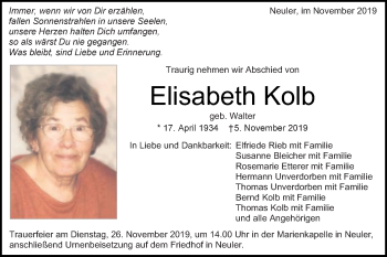Traueranzeige von Elisabeth Kolb von Schwäbische Post
