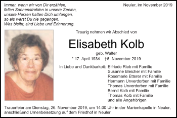 Traueranzeige von Elisabeth Kolb