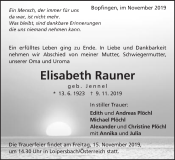 Traueranzeige von Elisabeth Rauner von Schwäbische Post