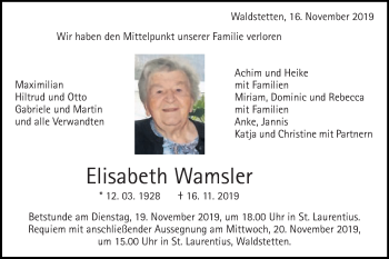 Traueranzeige von Elisabeth Wamsler von Gmünder Tagespost