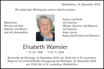 Traueranzeige von Elisabeth Wamsler