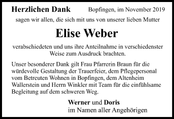 Traueranzeige von Elise Weber von Schwäbische Post