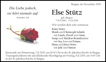 Traueranzeige von Else Stütz von Gmünder Tagespost