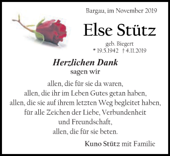 Traueranzeige von Else Stütz von Gmünder Tagespost