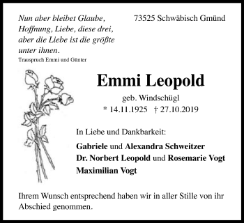 Traueranzeige von Emmi Leopold von Gmünder Tagespost