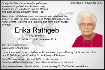 Traueranzeige von Erika Rathgeb von Schwäbische Post