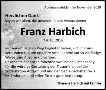 Traueranzeige von Franz Harbich von Schwäbische Post