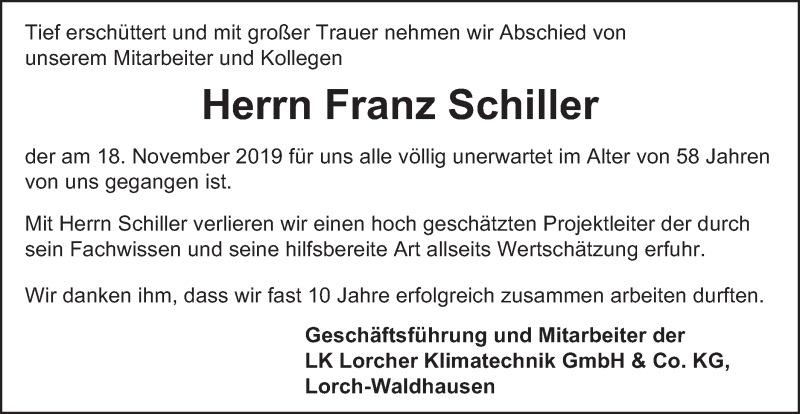  Traueranzeige für Franz Schiller vom 22.11.2019 aus Gmünder Tagespost