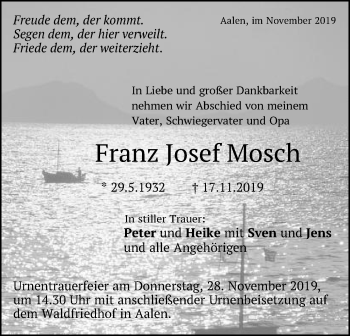 Traueranzeige von Franz Josef Mosch von Schwäbische Post