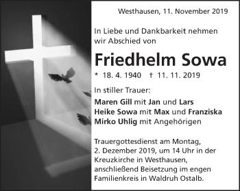Traueranzeige von Friedhelm Sowa von Schwäbische Post