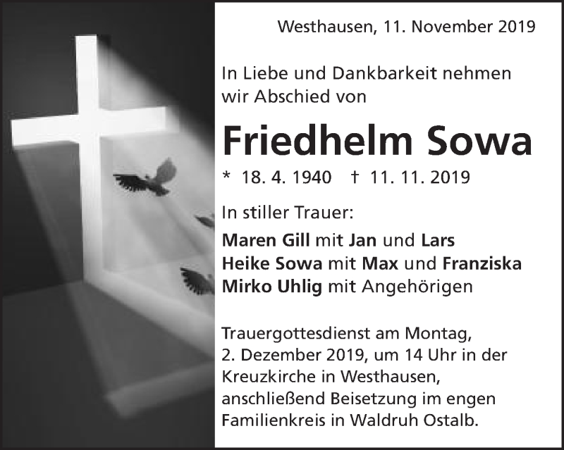  Traueranzeige für Friedhelm Sowa vom 23.11.2019 aus Schwäbische Post