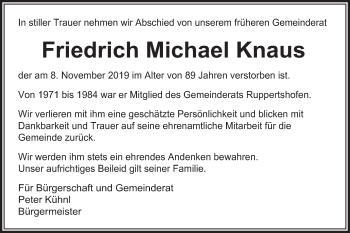 Traueranzeige von Friedrich Michael Knaus von Gmünder Tagespost