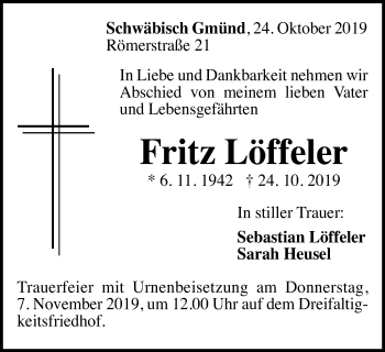 Traueranzeige von Fritz Löffeler von Gmünder Tagespost
