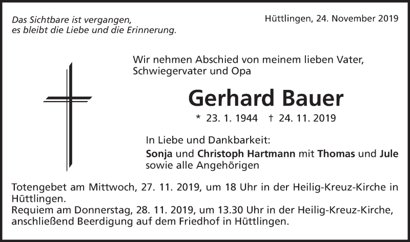  Traueranzeige für Gerhard Bauer vom 26.11.2019 aus Schwäbische Post