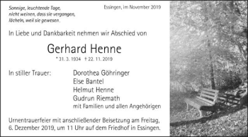 Traueranzeige von Gerhard Henne von Schwäbische Post