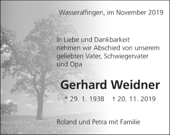Traueranzeige von Gerhard Weidner von Schwäbische Post